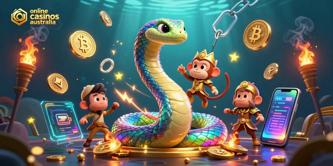 Experience thrilling online casinos Australia with a vibrant 3D scene of enchanting characters and crypto elements.
