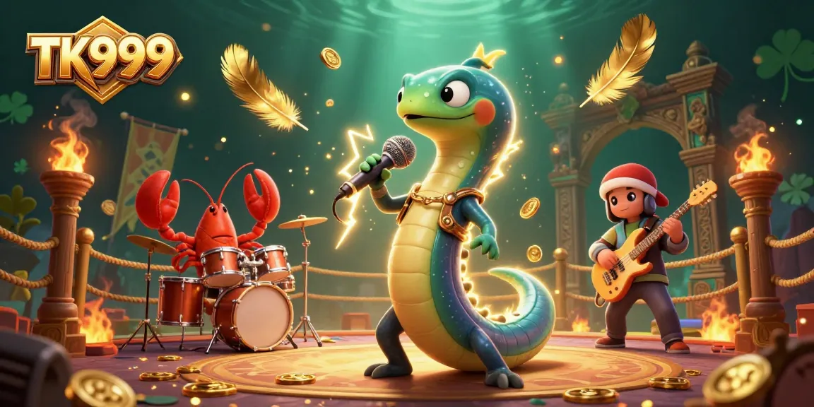Experience vibrant winnings at TK999 featuring electric eel DJ, lobster drummer, and seahorse guitarist in a rich underwater casino.