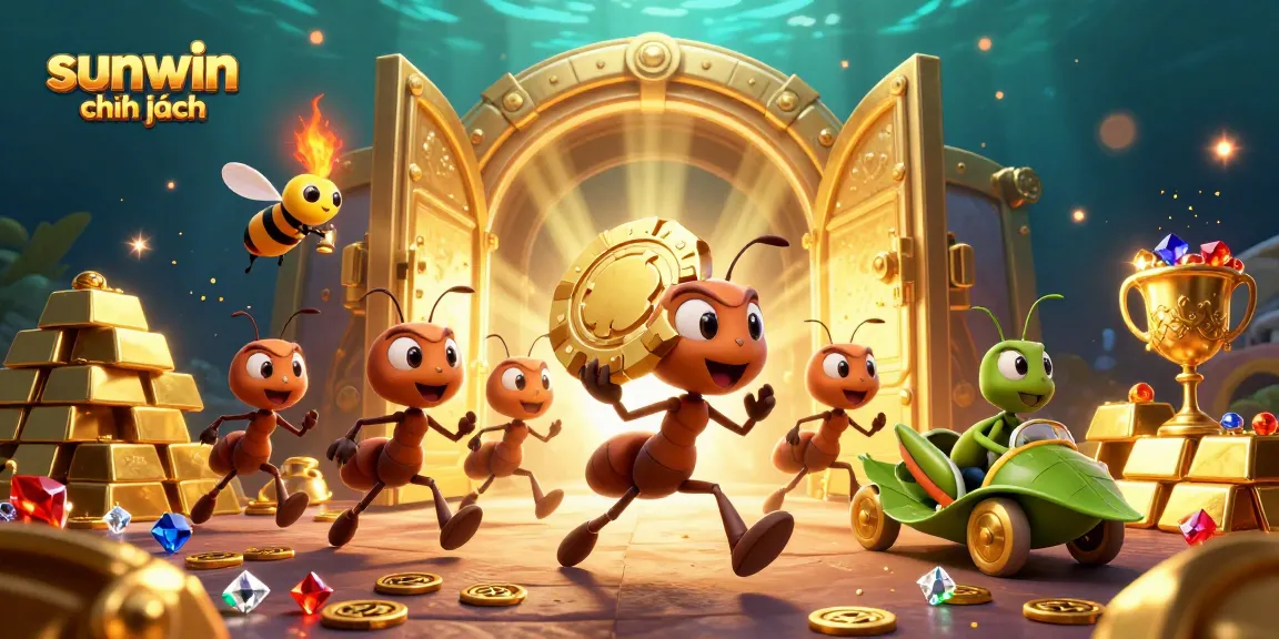 Experience the thrill of "sunwin chính hãng" in this dynamic scene featuring ants heisting a giant poker chip amidst a treasure vault.